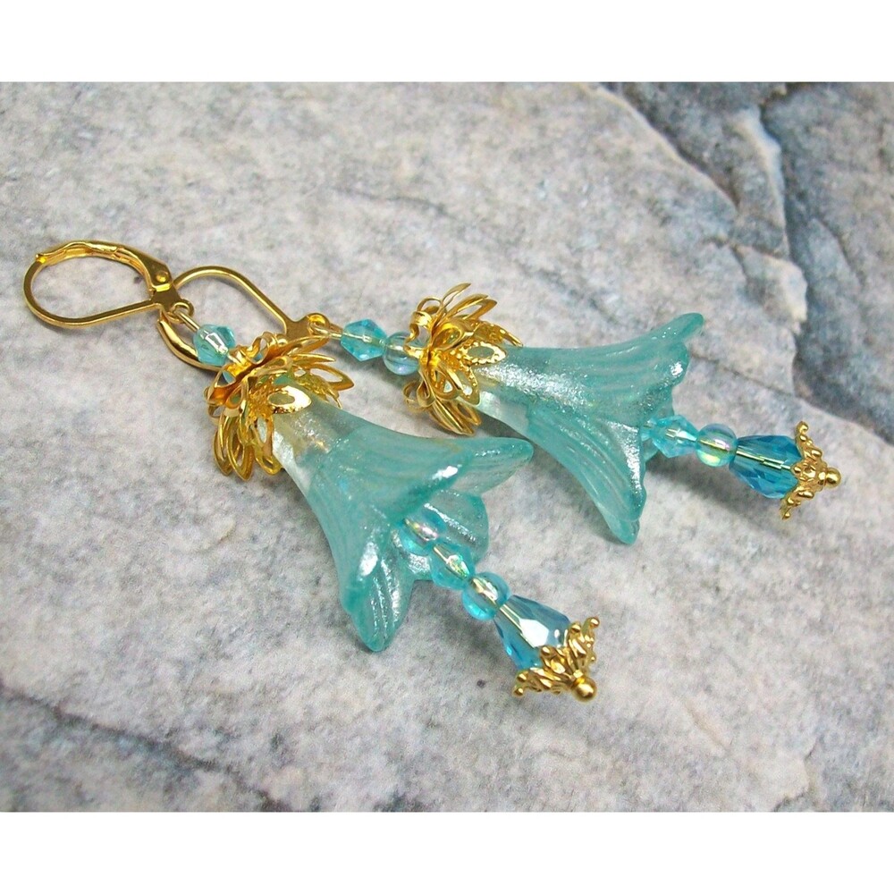 Boho Flower Earrings Gold & Mint Green, Hand Painted, Artisan Crafted Flower Jew